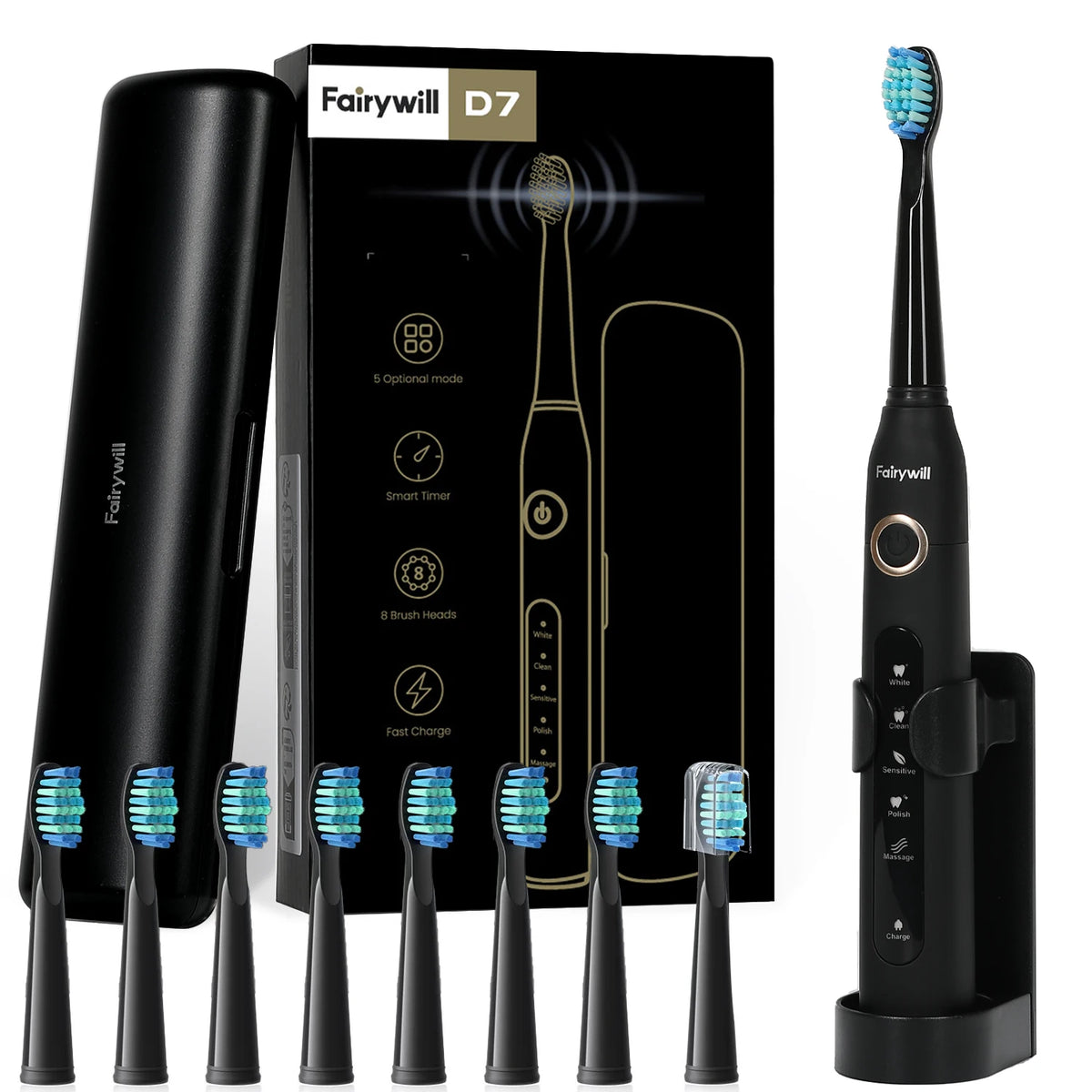 Fairywill FW507 Rechargeable Sonic Electric Toothbrush with 8 Replacement Heads & Travel Case