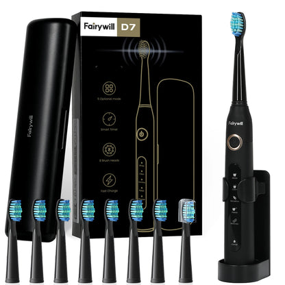 Fairywill FW507 Rechargeable Sonic Electric Toothbrush with 8 Replacement Heads & Travel Case