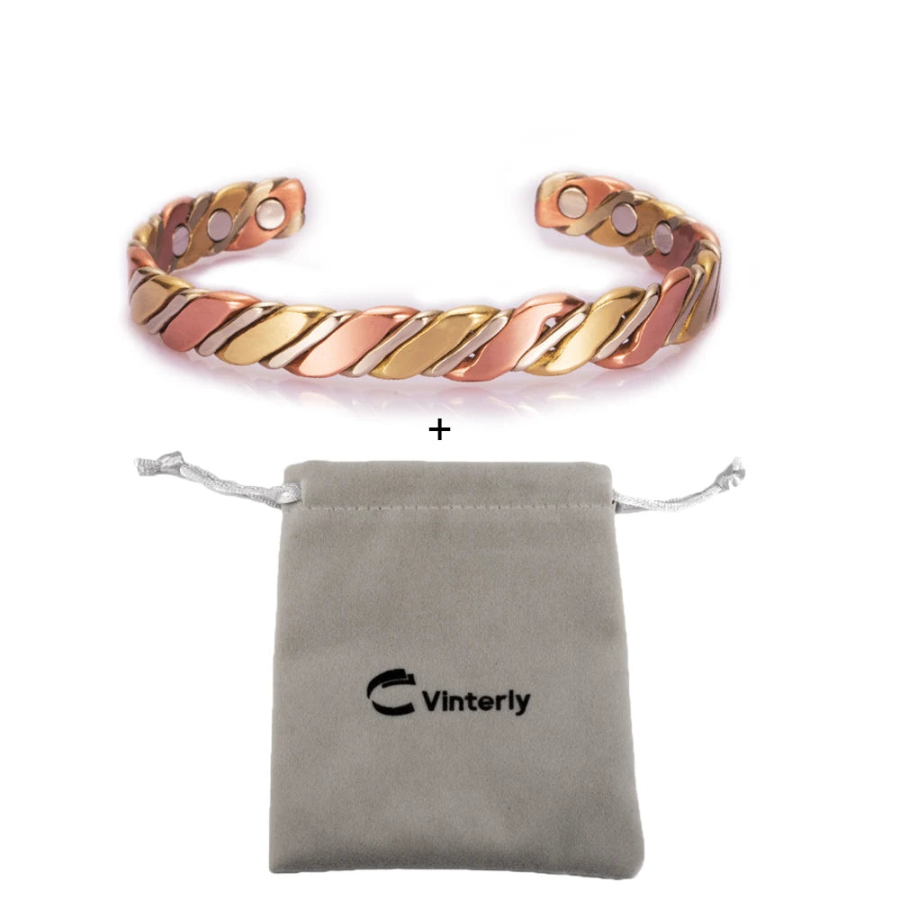 Vinterly Women’s Twisted Copper Magnetic Cuff Bracelet, Adjustable, Rose Gold Tone