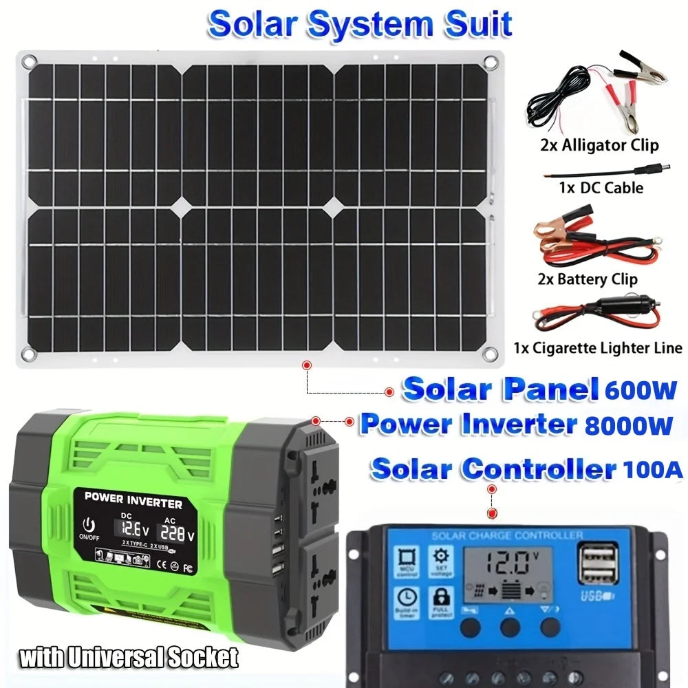 Solar system kit 8000W 12V to AC 220V/110V inverter+600W solar panel+100A controller, suitable for charging RVs, cars, laptops