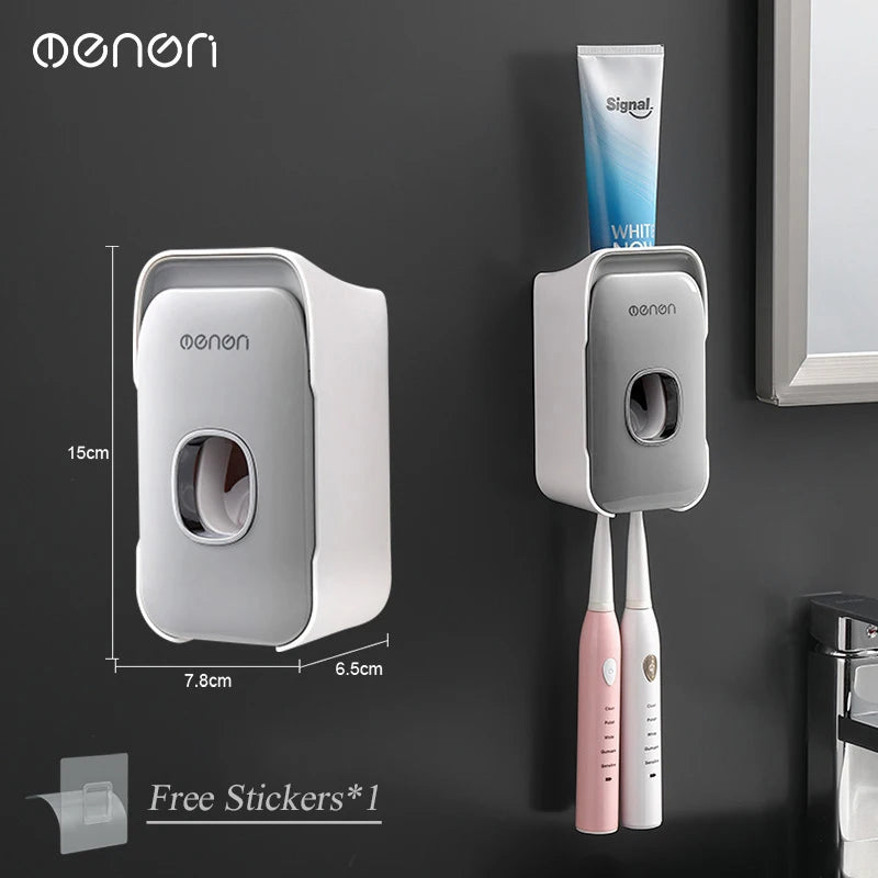 MENGNI Wall-Mounted Toothpaste Dispenser & Toothbrush Holder, No-Drill Installation