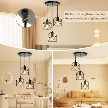 Industrial 3-Light Chandeliers with Metal Caged Living Room Pendant Light Black Hanging Light Fixtures for Dining Room Bedroom