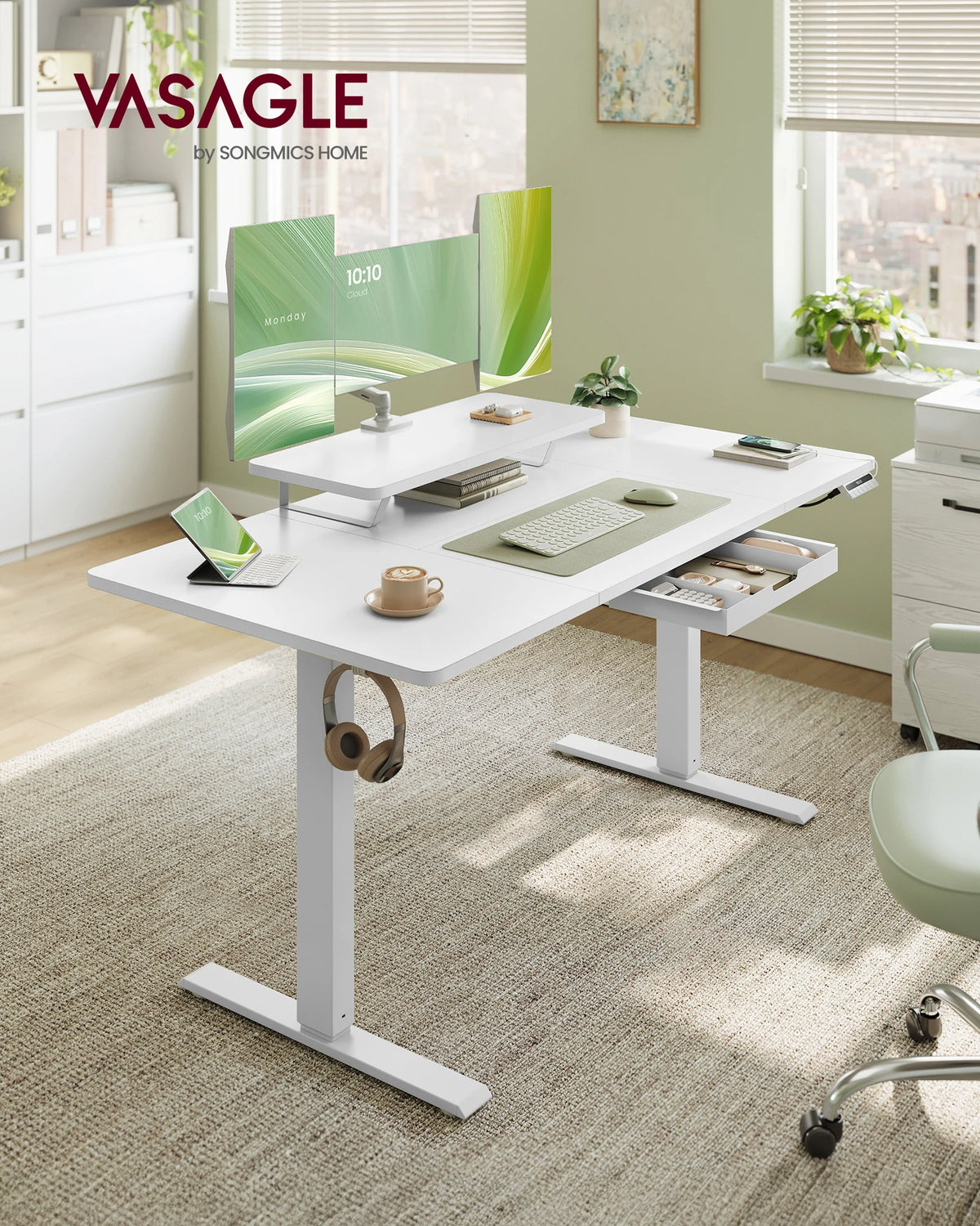 VASAGLE Height-Adjustable Desk with Monitor Stand, Drawer & Sitting Reminder