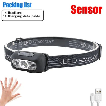 Strong Light Headlamp Portable LED Sensor Headlamp USB Rechargeable Head Flashlight Outdoor Camping Fishing Emergency Lantern