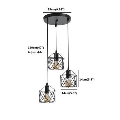 Industrial 3-Light Chandeliers with Metal Caged Living Room Pendant Light Black Hanging Light Fixtures for Dining Room Bedroom