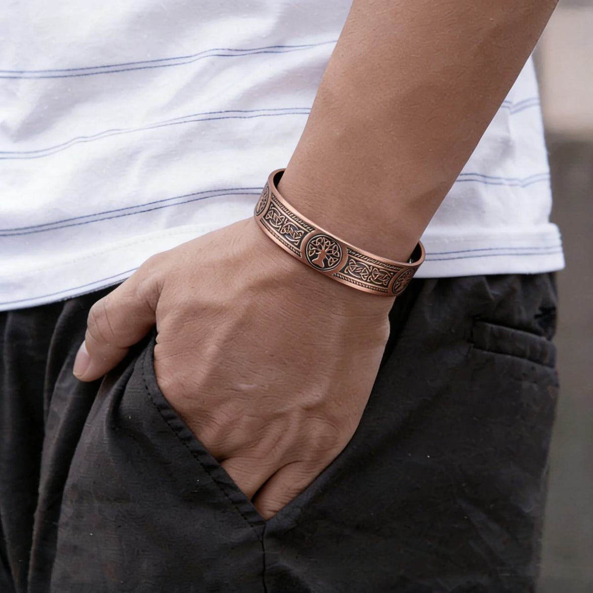 Vinterly Pure Copper Magnetic Cuff Bracelet with Viking Yggdrasil Design, Adjustable, 15mm Wide