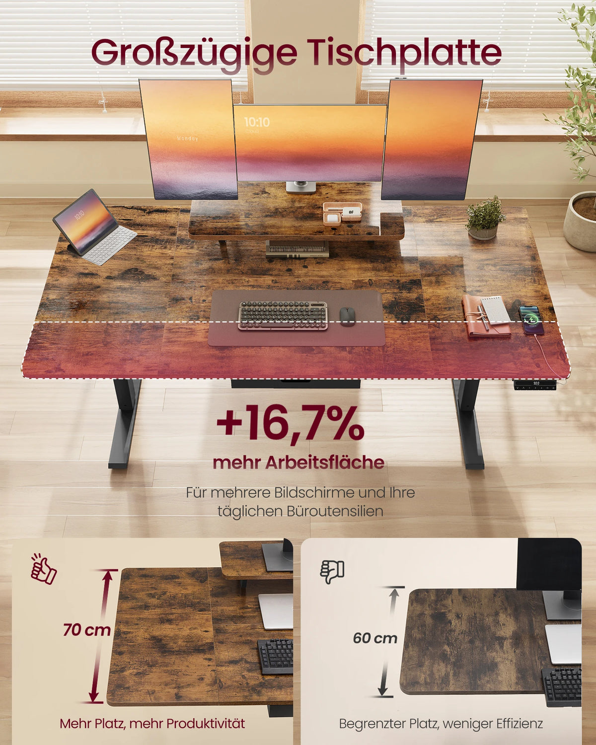 VASAGLE Height-Adjustable Desk with Monitor Stand, Drawer & Sitting Reminder
