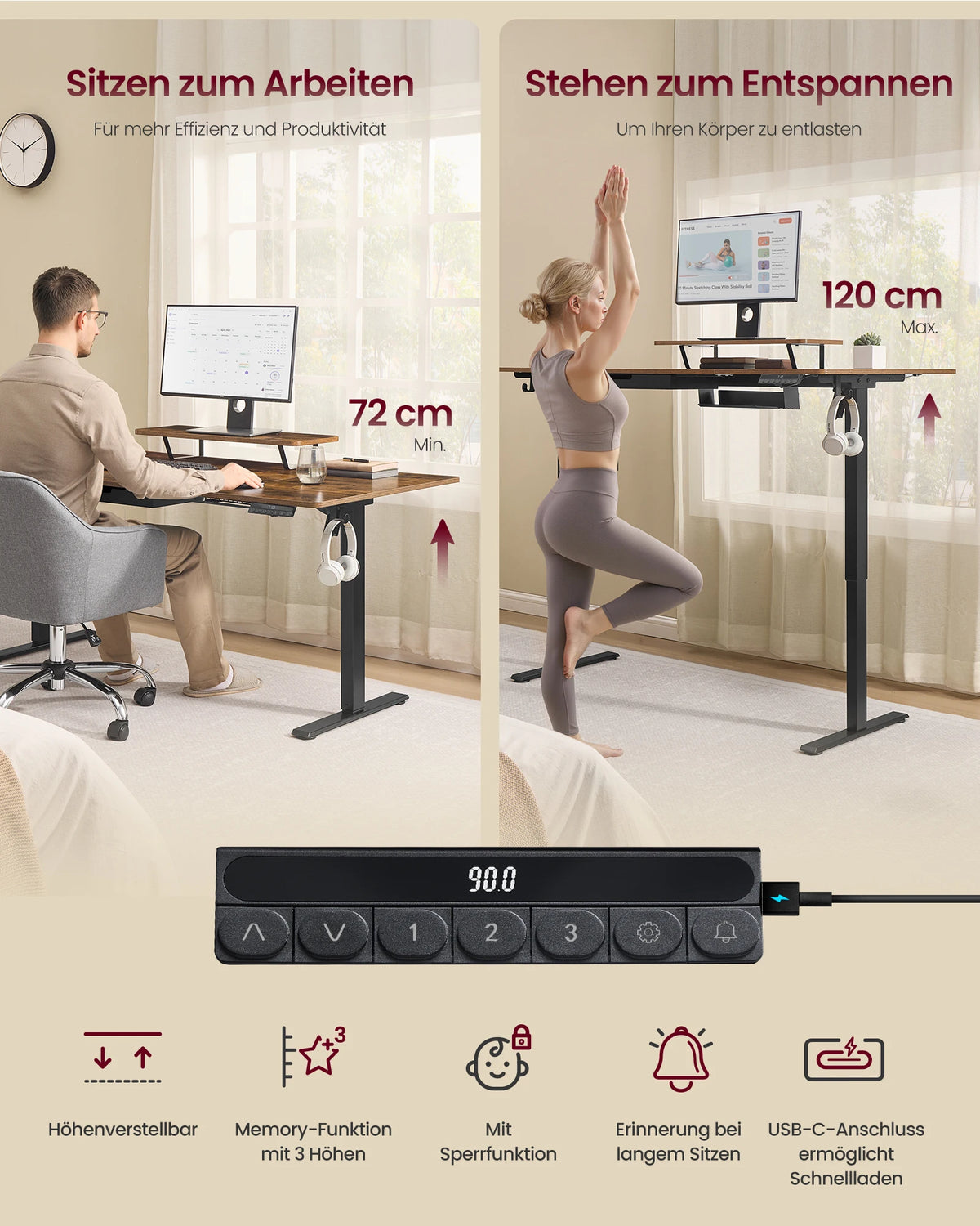 VASAGLE Height-Adjustable Desk with Monitor Stand, Drawer & Sitting Reminder