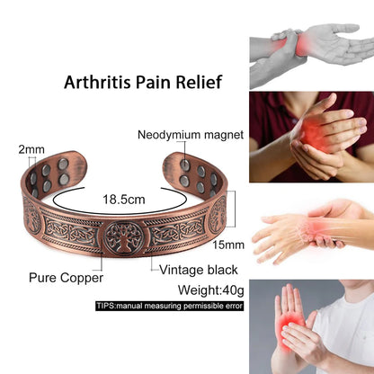Vinterly Pure Copper Magnetic Cuff Bracelet with Viking Yggdrasil Design, Adjustable, 15mm Wide