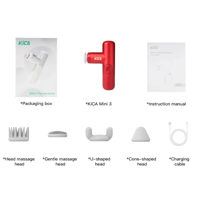 KiCA Mini 3 Lightweight Massage Gun with Stepless Speed Control & 4 Massage Heads