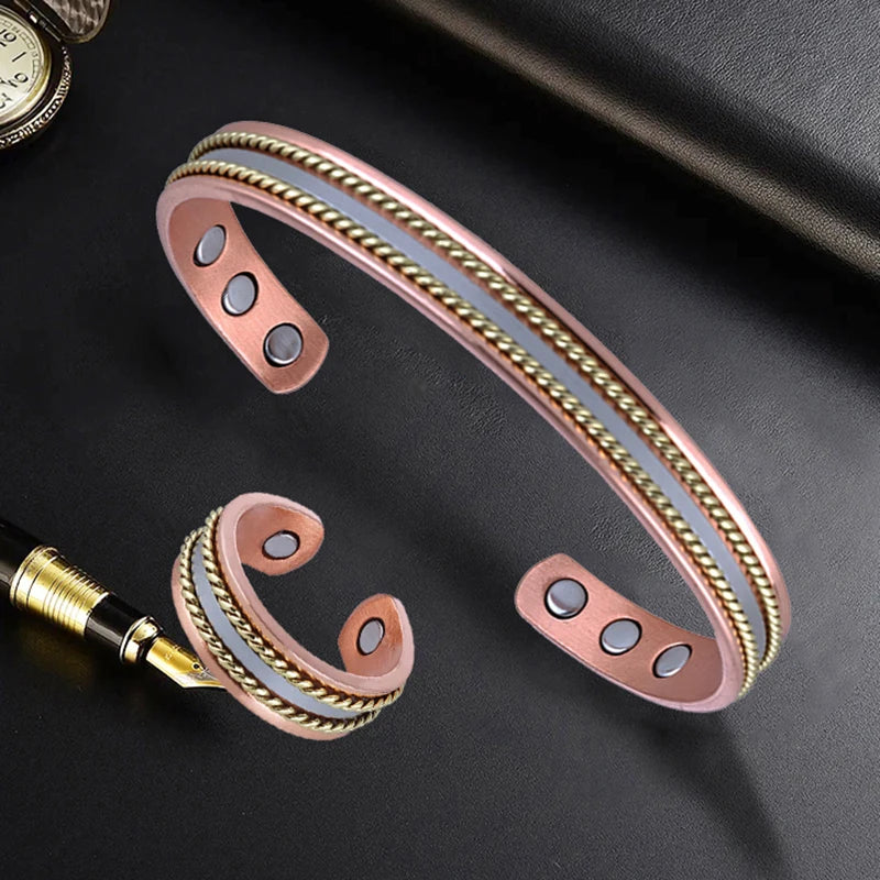 Vintage Pure Copper Magnetic Bracelet & Ring Set, Adjustable for Men & Women