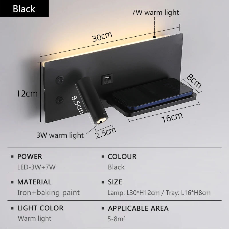 LED Wall Lamp Modern Multifunctional Iron Wall Lamp Living Room Bedroom  Ndoor Lighting with Wireless Charging and USB Interface