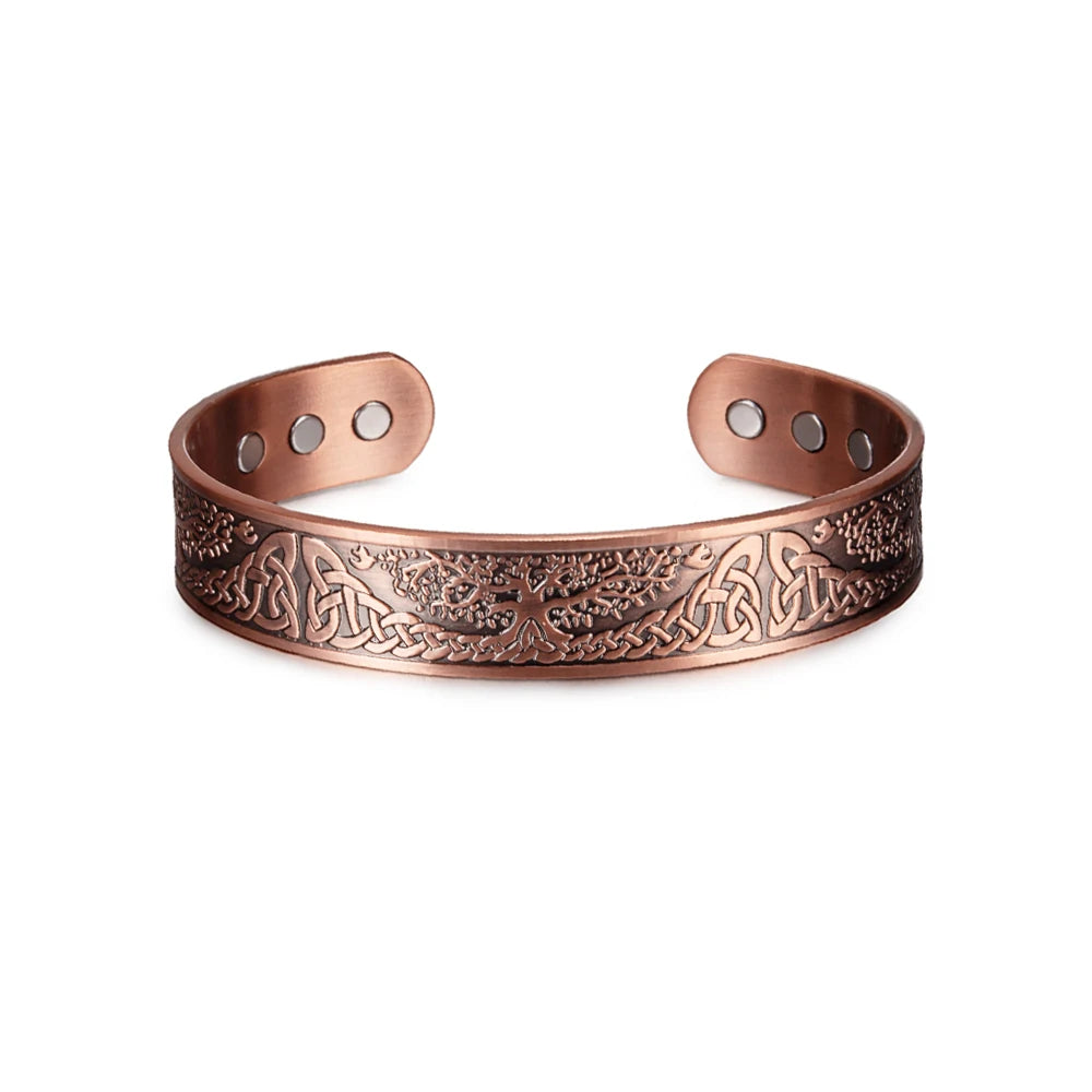Vinterly Pure Copper Magnetic Cuff Bracelet with Viking Yggdrasil Design, Adjustable, 15mm Wide
