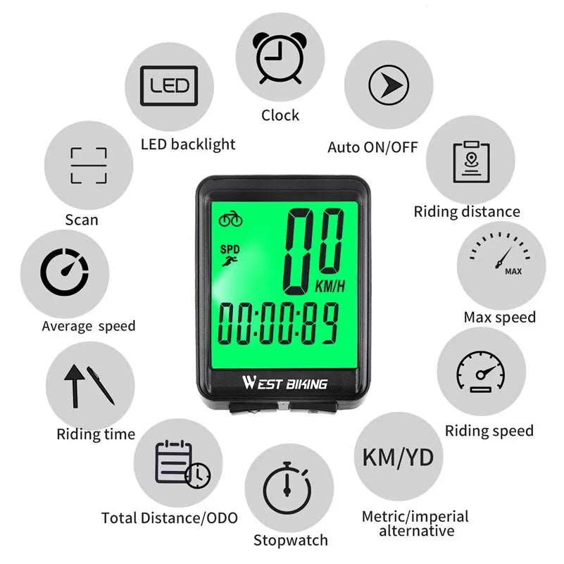 WEST BIKING Bike Wireless Computer MTB Road Bike Odometer Waterproof With Backlight Cycling Speedometer LED Rate Stopwatch