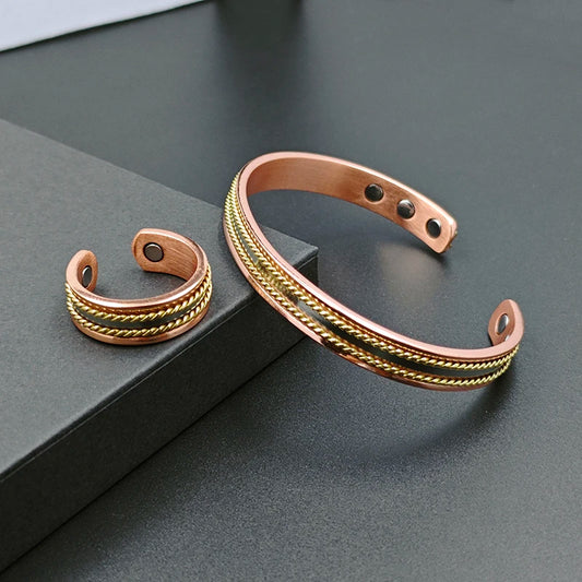 Vintage Pure Copper Magnetic Bracelet & Ring Set, Adjustable for Men & Women