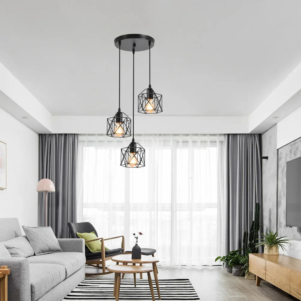 Industrial 3-Light Chandeliers with Metal Caged Living Room Pendant Light Black Hanging Light Fixtures for Dining Room Bedroom
