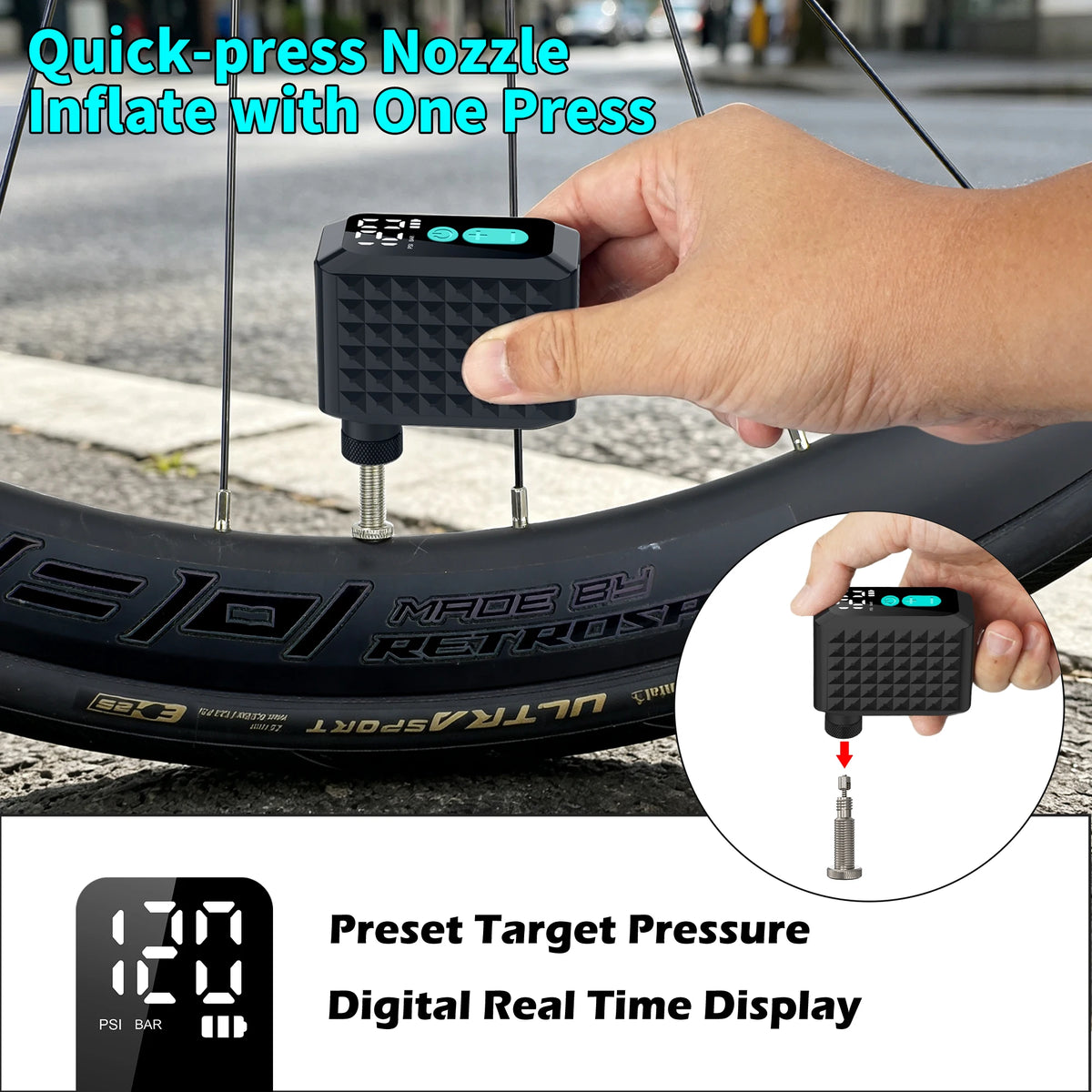 Electric Bike Pump 120PSI Tire Inflator with 4 in 1 Valves Presta Schrader Dunlop & Clik Valves Brushless Motor Digital Gauge
