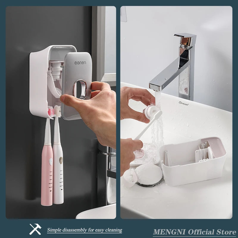 MENGNI Wall-Mounted Toothpaste Dispenser & Toothbrush Holder, No-Drill Installation