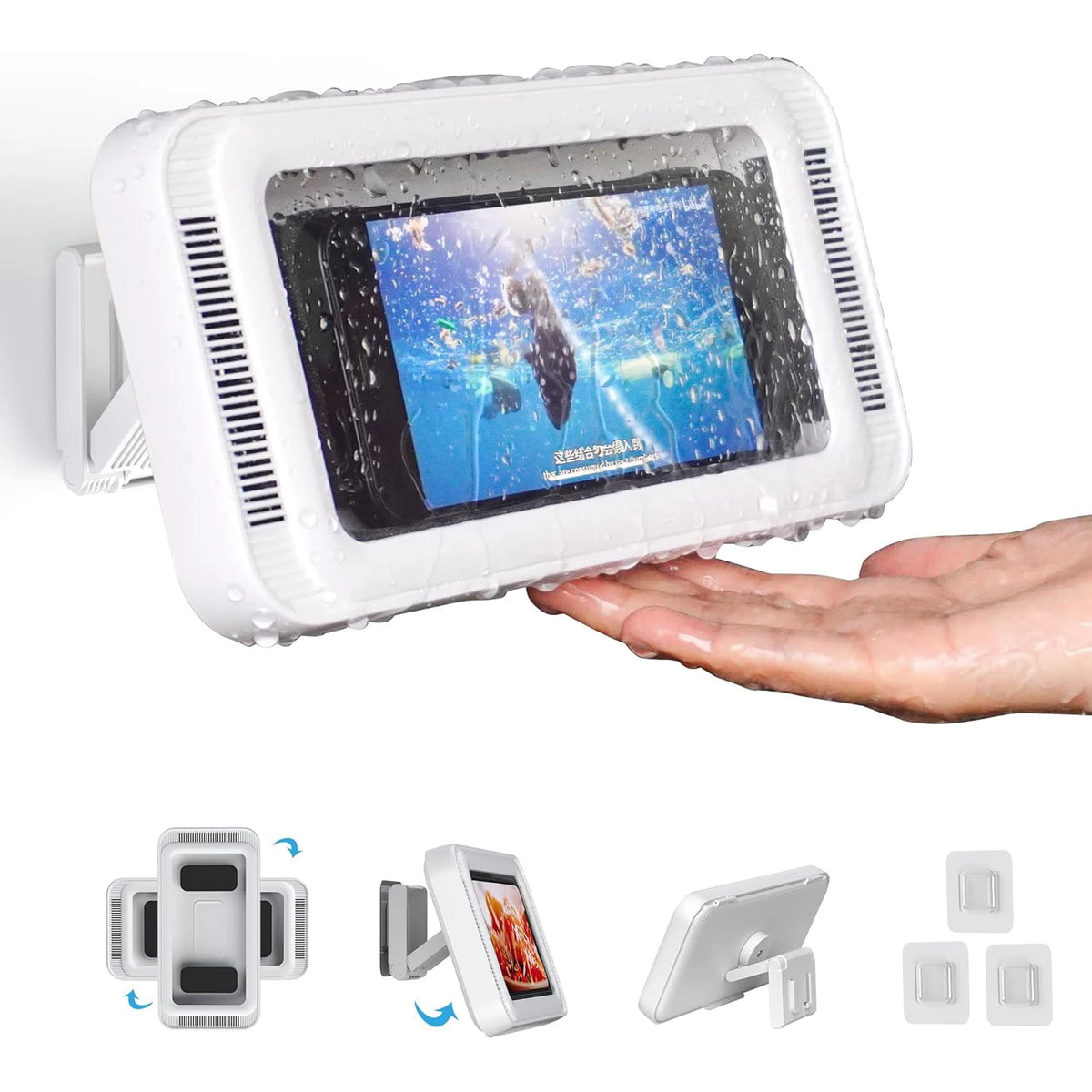 Shower Phone Holder with Speaker  480 Rotation, Wall Phone Mount for Shower Waterproof Anti Fog Shower Case for 4-7" Phones