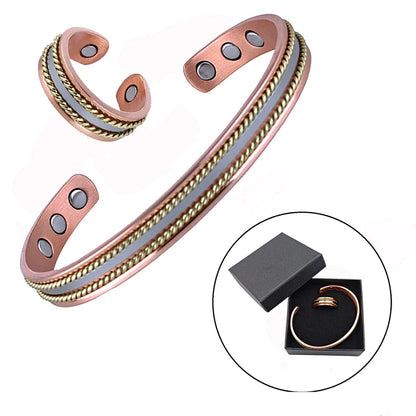 Vintage Pure Copper Magnetic Bracelet & Ring Set, Adjustable for Men & Women