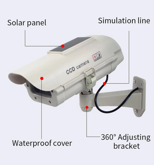 Solar-Powered Dummy Security Camera with Flashing Red LED, Waterproof